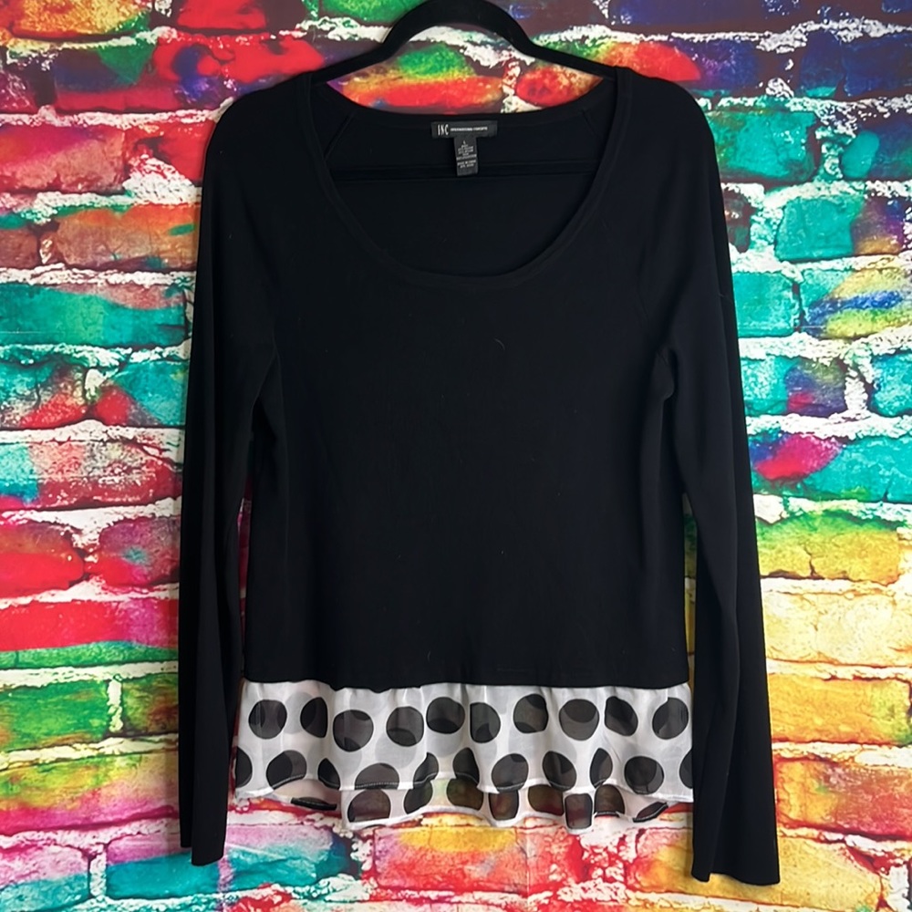 INC Black Sweater with Sheer Polka Dot Trim 0080